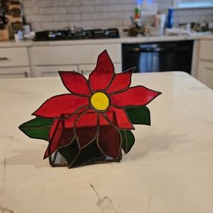 Vtg TIFFANY STYLE Christmas Poinsettia STAINED GLASS Glo-Candle Holder